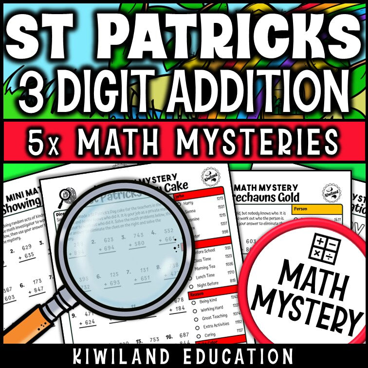 St Patrick's Day themed 3-digit addition practice worksheet, no-prep Math Mystery morning work for grades 2-4