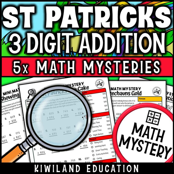St Patrick's Day themed 3-digit addition practice worksheet, no-prep Math Mystery morning work for grades 2-4