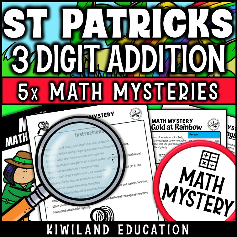 Printable self-checking St Patrick's Day addition with regrouping Math Mystery worksheets for 2nd-4th grade math centers