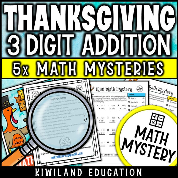 Thanksgiving Math Mystery 3-digit addition with regrouping sample worksheet grades 2-4 - self-checking math centers activity