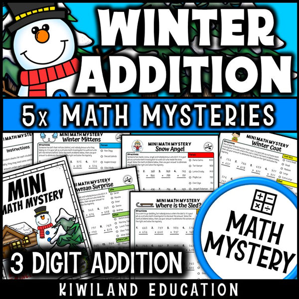 3-digit addition with regrouping Winter Math Mystery for 2nd, 3rd and 4th grade - no-prep printable detective worksheets