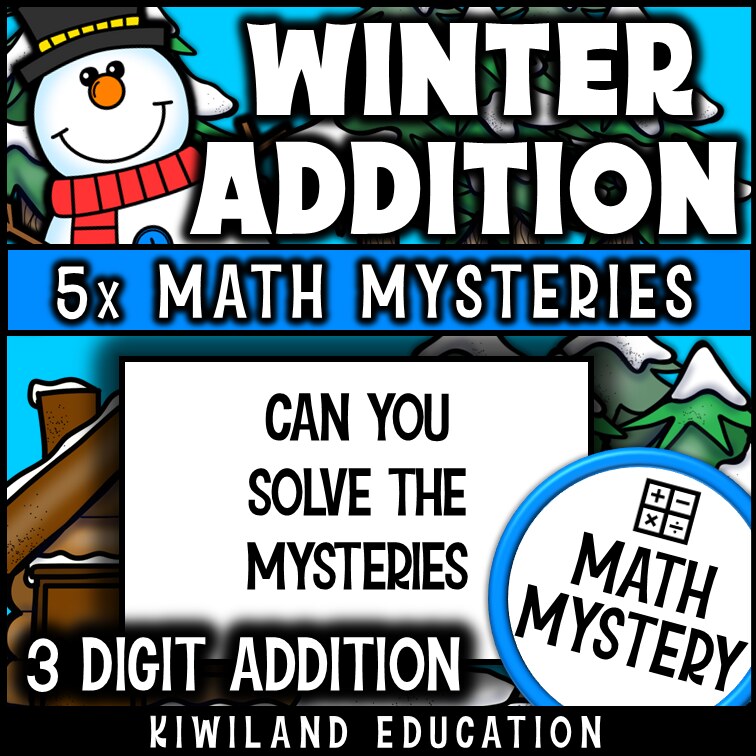 No-prep printable Winter Math Mystery - 3-digit addition with regrouping activity for homework and early finishers grades 2-4