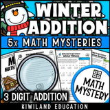 Winter Math Mystery 3-digit addition with regrouping sample worksheet grades 2-4 - self-checking math centers activity