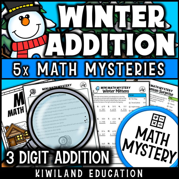Winter Math Mystery 3-digit addition with regrouping sample worksheet grades 2-4 - self-checking math centers activity