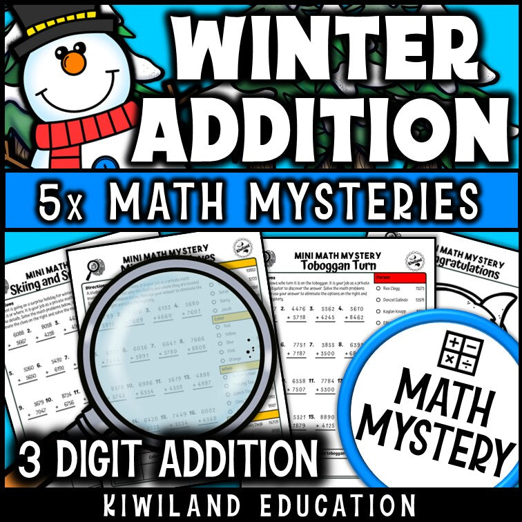 3-digit addition with regrouping Winter Math Mystery suspect elimination page and answer keys - printable morning work
