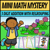 Spring 3-digit addition with regrouping Mini Math Mystery worksheets, detective cover grades 2-4