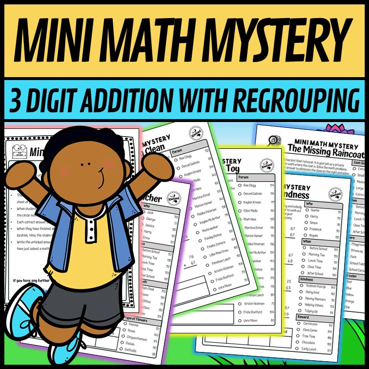 Multi-clue elimination page for 3-digit addition with regrouping, spring mystery