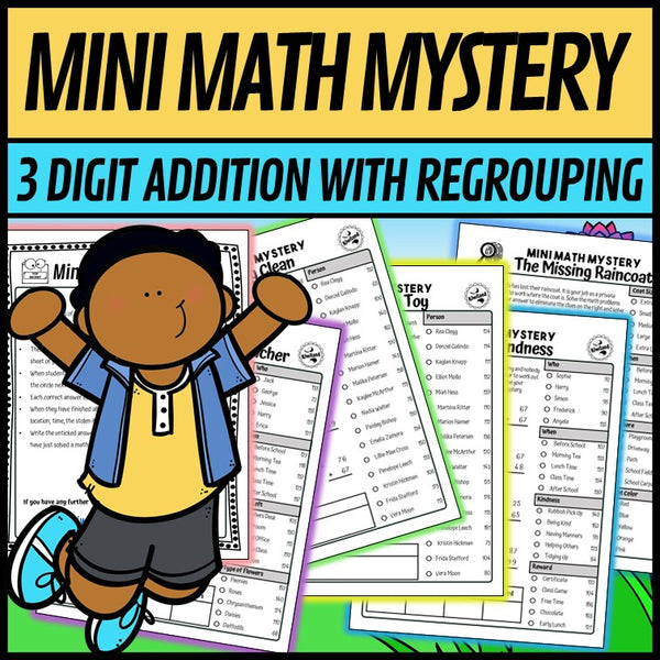 Multi-clue elimination page for 3-digit addition with regrouping, spring mystery