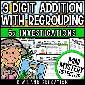 3-Digit Addition with Regrouping | Mystery Detective Worksheets | Grades 2–5 | Zoo Animal Theme