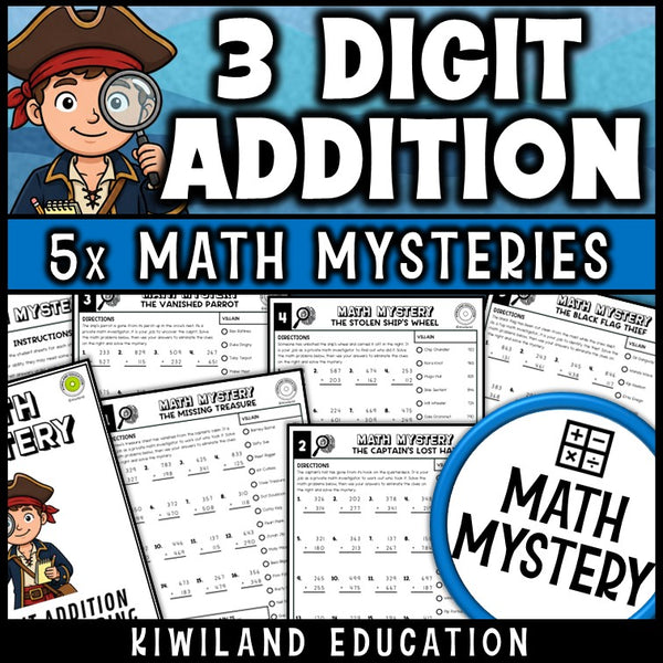 3-digit addition with regrouping worksheets for 3rd grade, pirate math mystery pack