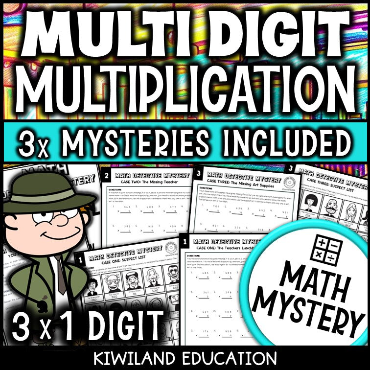 3-digit by 1-digit multiplication back-to-school Math Mystery worksheets, detective cover grades 4-5