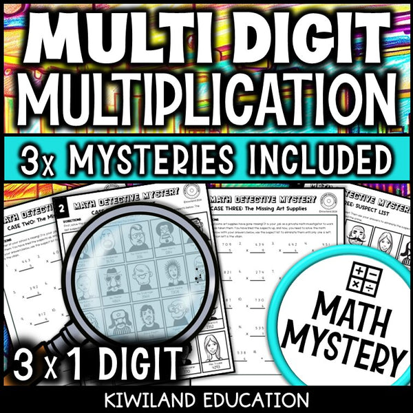 Suspect line-up page for 3-digit by 1-digit multiplication, back-to-school mystery