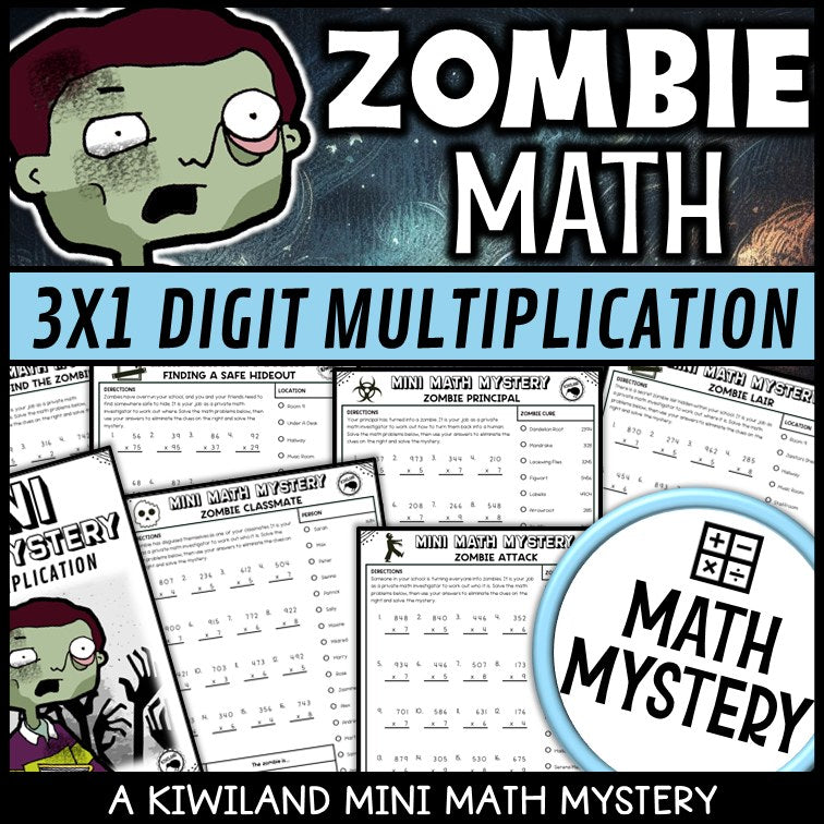 3-digit by 1-digit multiplication zombie math mystery worksheets cover for grades 3-6