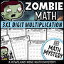 3-digit by 1-digit multiplication zombie math mystery worksheets cover for grades 3-6