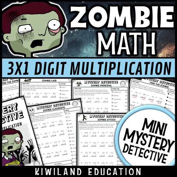 3-digit by 1-digit multiplication worksheets zombie CSI mystery