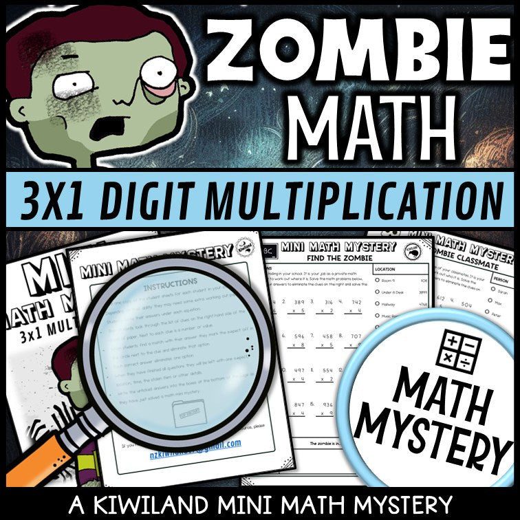Sample 3-digit by 1-digit multiplication zombie worksheet with suspect clue list
