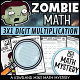 Sample 3-digit by 1-digit multiplication zombie worksheet with suspect clue list