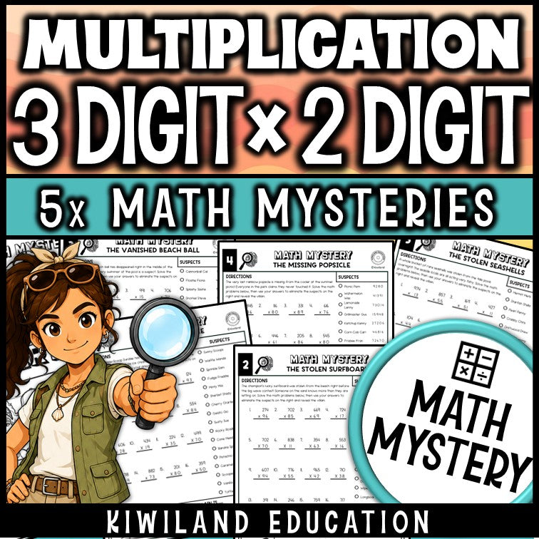 3-digit by 2-digit multiplication summer math mystery worksheets with detective theme