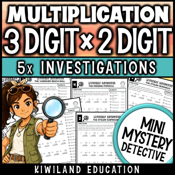 3-digit by 2-digit multiplication summer mystery detective
