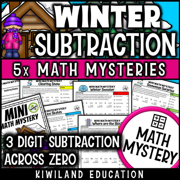 Winter 3-Digit Subtraction Across Zeros Math Mystery worksheets cover - 5 printable detective cases