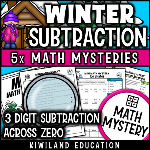 Winter 3-digit subtraction across zeros math mystery worksheet sample pages