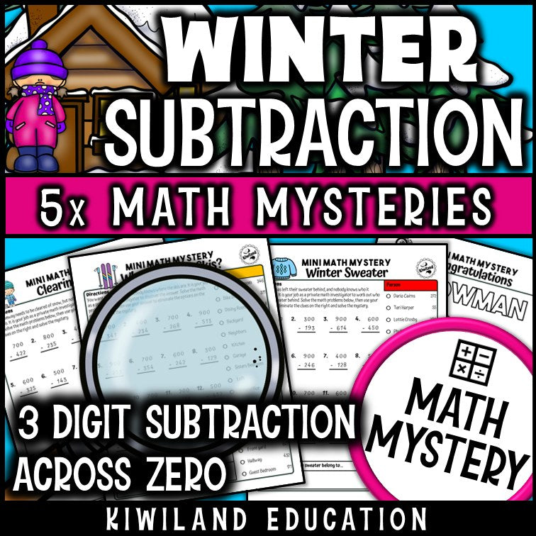 Winter subtraction across zeros detective math mystery printable activity