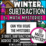 Can you solve the winter mysteries - 3-digit subtraction across zeros worksheets