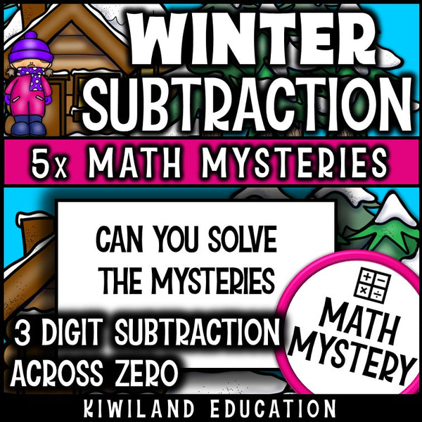 Can you solve the winter mysteries - 3-digit subtraction across zeros worksheets