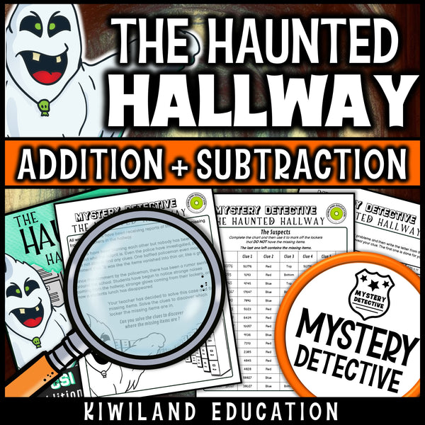 3-digit subtraction case file suspect chart haunted hallway lockers