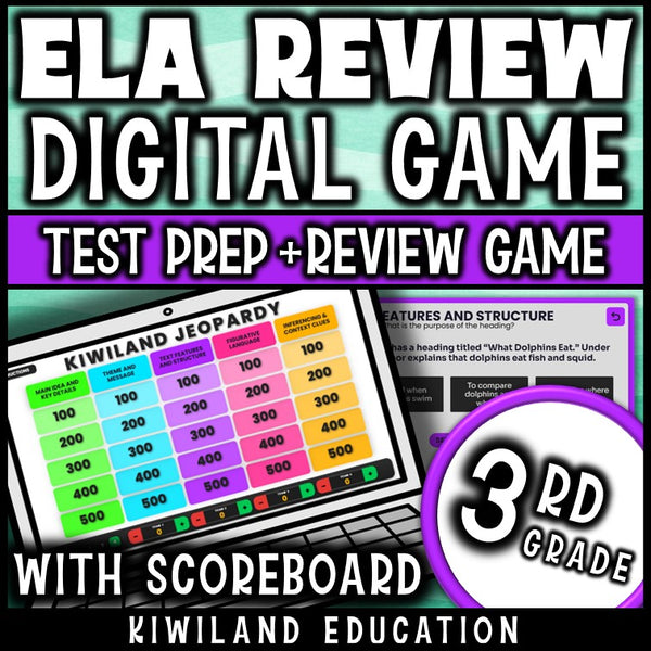 3rd grade ELA digital Jeopardy game cover, reading review for grades 2–4