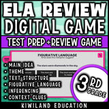 Jeopardy game board with ELA categories and point values for 3rd grade review