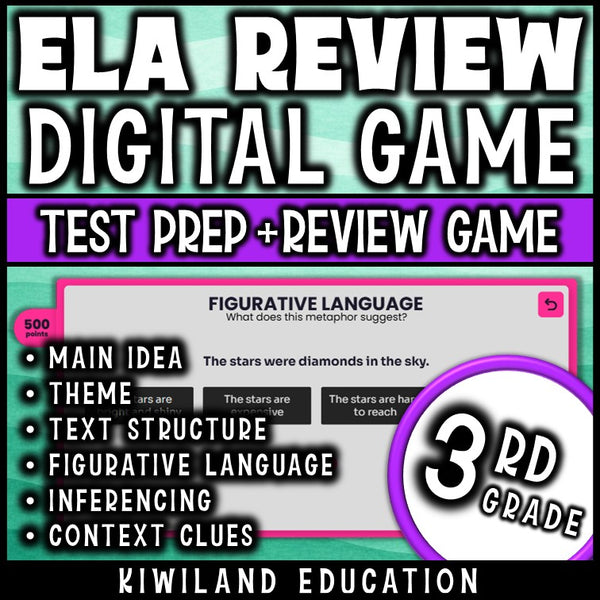 Jeopardy game board with ELA categories and point values for 3rd grade review