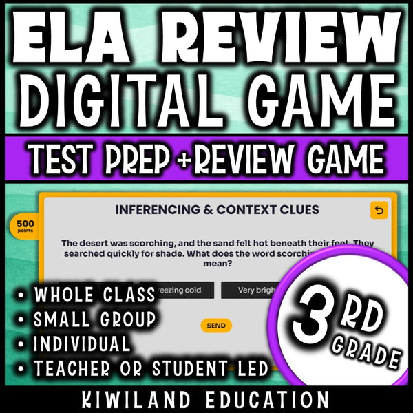 Whole-class 3rd grade ELA test prep game show with built-in scoreboard
