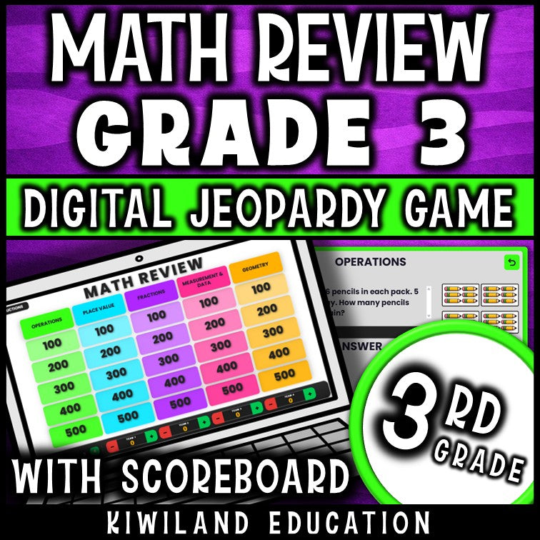 3rd grade math digital Jeopardy game cover, math review for grades 2–4
