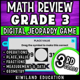 Jeopardy game board with math categories and point values for 3rd grade review