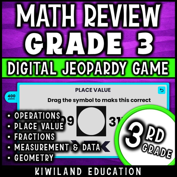 Jeopardy game board with math categories and point values for 3rd grade review