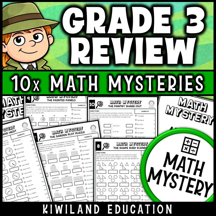 3rd grade math review packet, no prep detective worksheets for 3rd and 4th grade