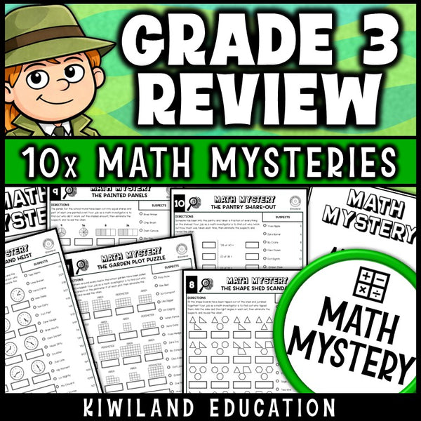 3rd grade math review packet, no prep detective worksheets for 3rd and 4th grade