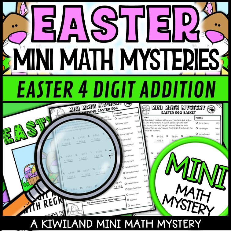 Printable self-checking Easter addition with regrouping Math Mystery worksheets for 3rd-5th grade math centers