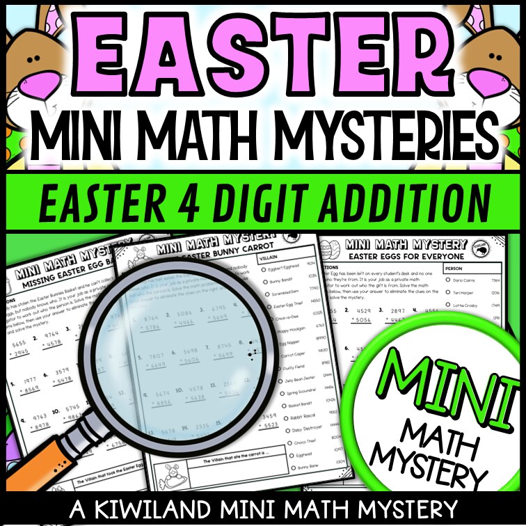 Easter themed 4-digit addition practice worksheet, no-prep Math Mystery morning work for grades 3-5