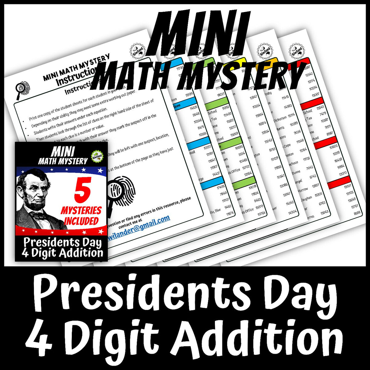 Printable self-checking Presidents Day 4-digit addition Math Mystery worksheets for 3rd-5th grade math centers