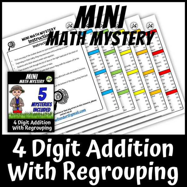 4-digit addition with regrouping Safari Math Mystery answer keys and suspect elimination clues - printable morning work