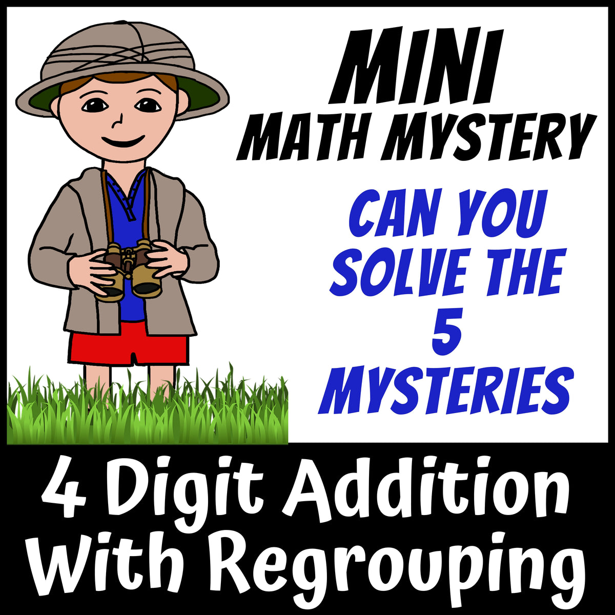 No-prep printable Zoo Animals Math Mystery - 4-digit addition with regrouping activity for homework and early finishers grades 3-5
