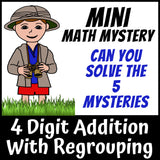 No-prep printable Zoo Animals Math Mystery - 4-digit addition with regrouping activity for homework and early finishers grades 3-5