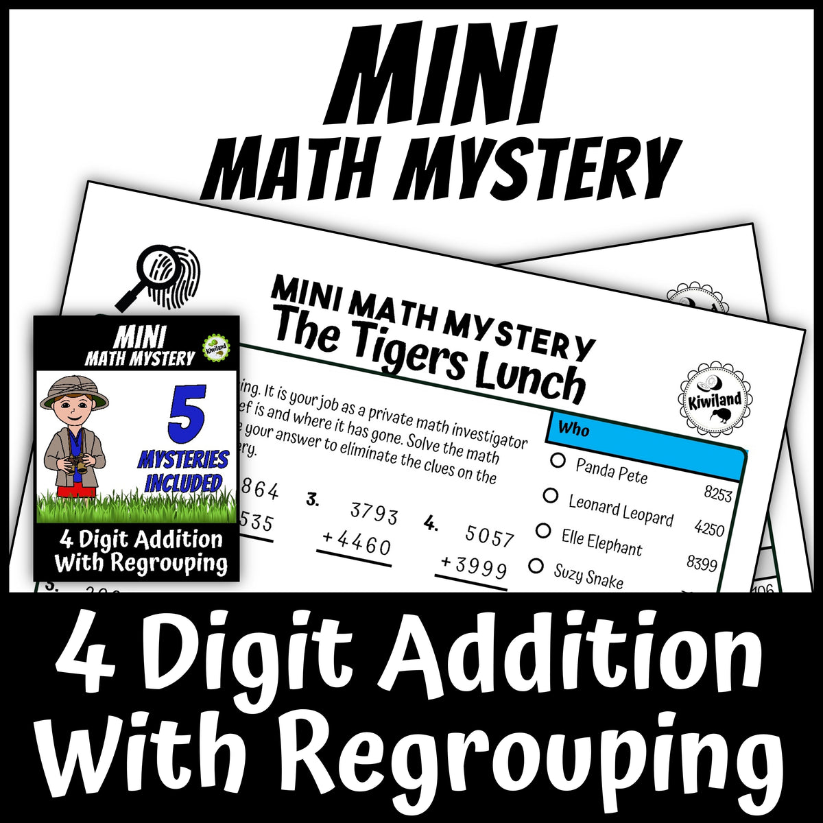 Zoo Safari Math Mystery 4-digit addition with regrouping sample worksheet grades 3-5 - self-checking math centers activity