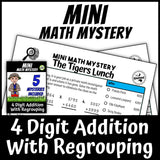Zoo Safari Math Mystery 4-digit addition with regrouping sample worksheet grades 3-5 - self-checking math centers activity