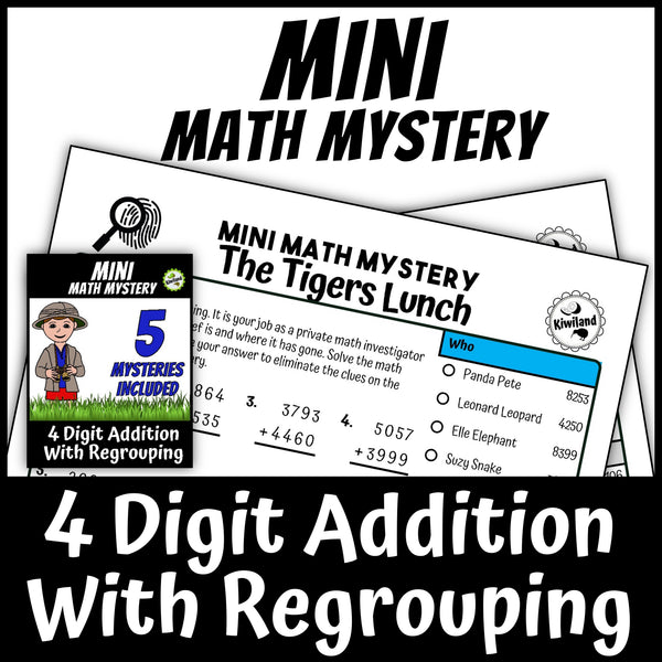 Zoo Safari Math Mystery 4-digit addition with regrouping sample worksheet grades 3-5 - self-checking math centers activity