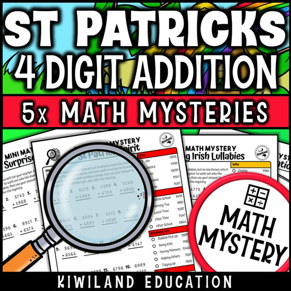 St Patrick's Day themed 4-digit addition practice worksheet, no-prep Math Mystery morning work for grades 3-5