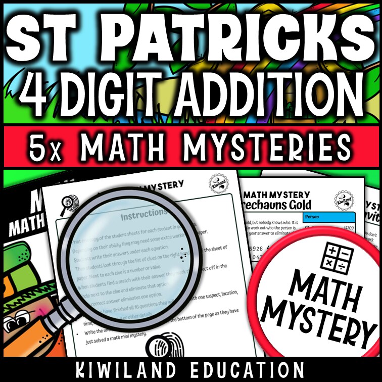 Printable self-checking St Patrick's Day addition with regrouping Math Mystery worksheets for 3rd-5th grade math centers