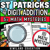 Printable self-checking St Patrick's Day addition with regrouping Math Mystery worksheets for 3rd-5th grade math centers